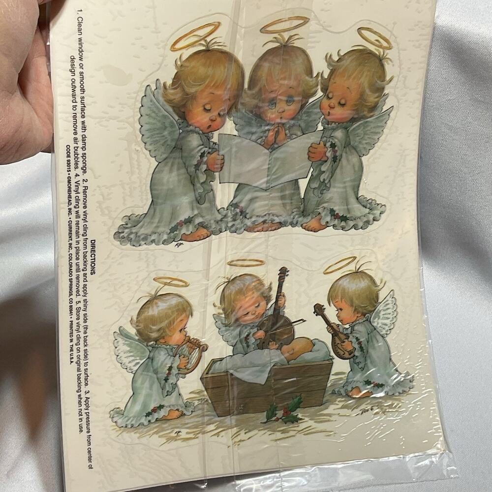 Christmas Static Window Cling Lot 3 Vtg current Morehead Santa Angels Cats